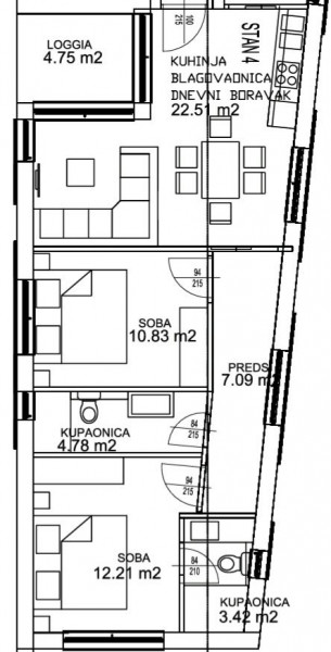 Tlocrt Apartman A4, Sutomišćica, Ugljan